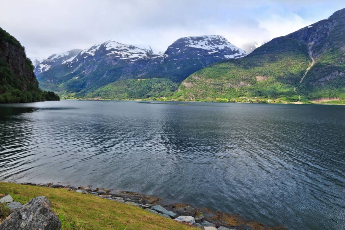 Norway fiord landscape - part of Hardanger Fjord called Sorfjord. Morning view.