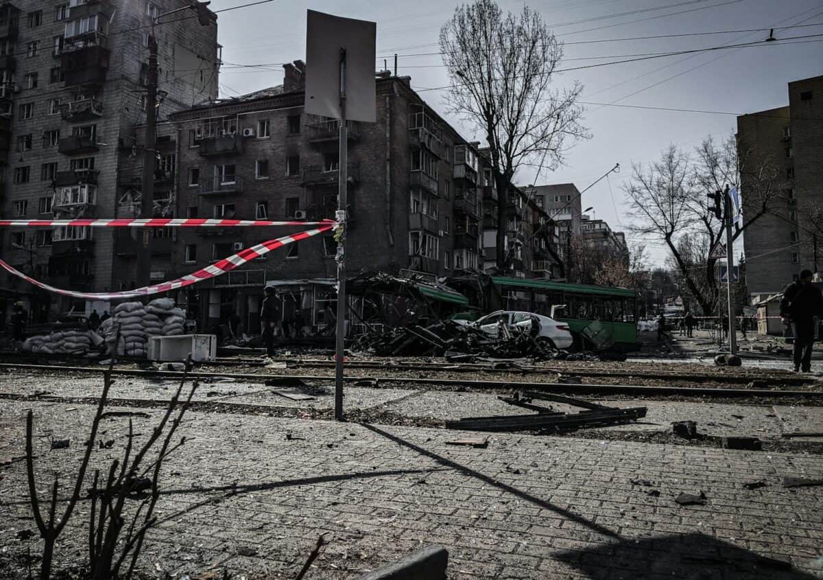 A devastated street in Kyiv showcasing war damage and destruction.