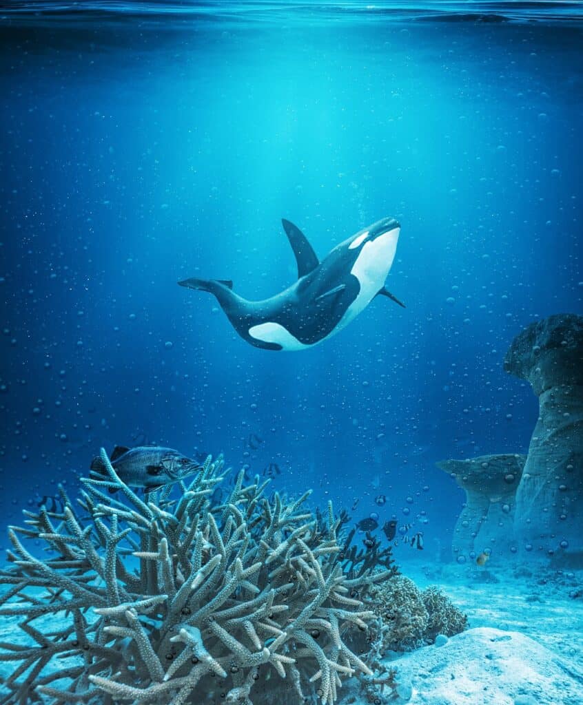 killer whale, coral reef, fish, ocean, seascape, sand, sea, light, nature, undersea life, orca, underwater, killer whale, killer whale, orca, orca, orca, orca, orca