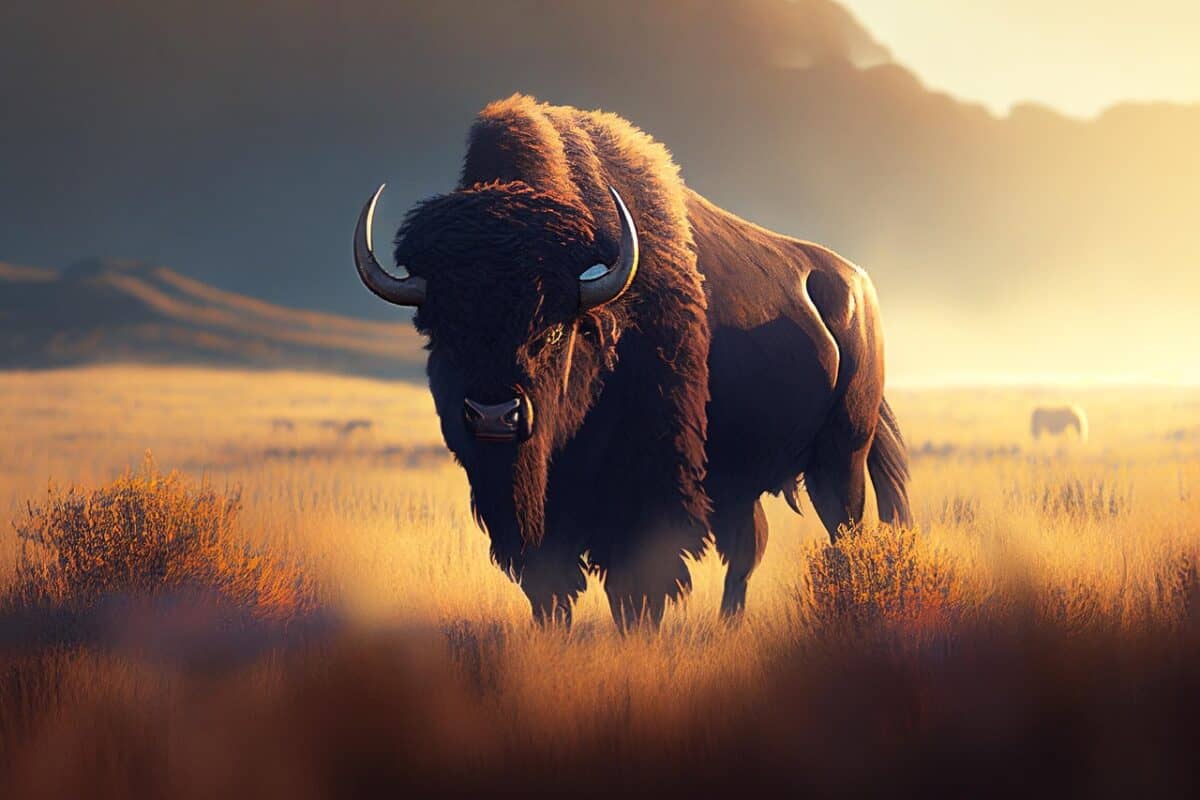 ai generated, american bison, sunset, bison, plains, buffalo, wildlife, endangered species, mammal, great plains, prairie, roaming, western frontier, twilight, nature, dusk, digital art, bison, bison, bison, bison, bison, buffalo, buffalo, buffalo, buffalo