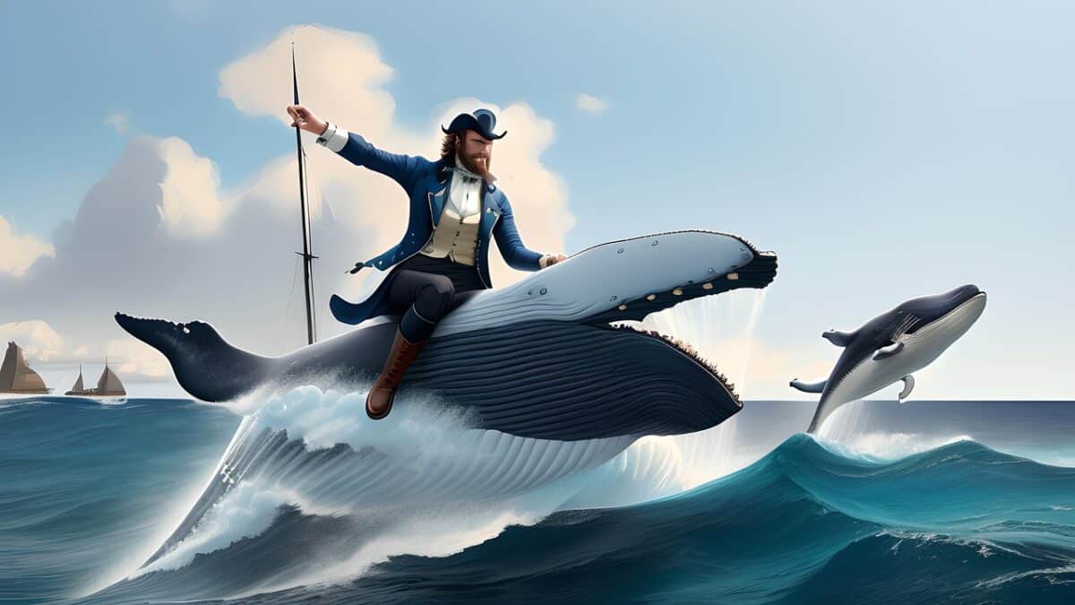 ai generated, edwardian adventurer, whale rider, fishing rod, harpoon, fins, digital paint, brave, whales, ocean waves, ocean spray, blue sky