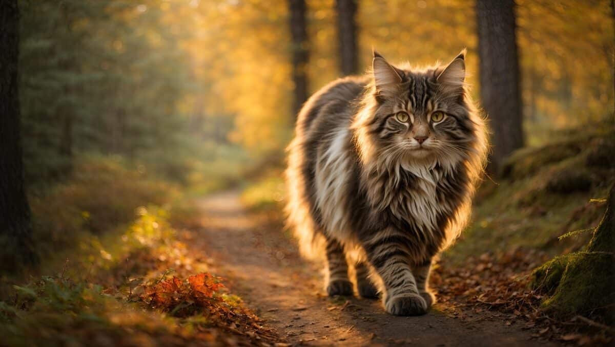 cat, domestic animal, feline, norwegian forest cat, pet, domestic cat, mammal, fur, sun, animal, sunset, forest, trees, path, landscape, nature, ai generated, norwegian forest cat, norwegian forest cat, norwegian forest cat, norwegian forest cat, norwegian forest cat