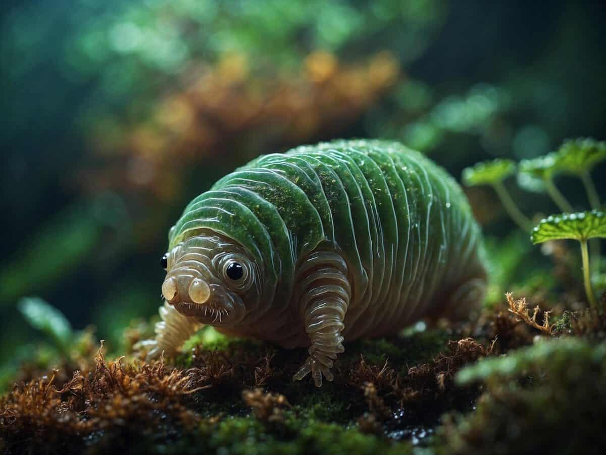 A close-up of a tardigrade, also known as a water bear, showing its tough, segmented body and microscopic size.