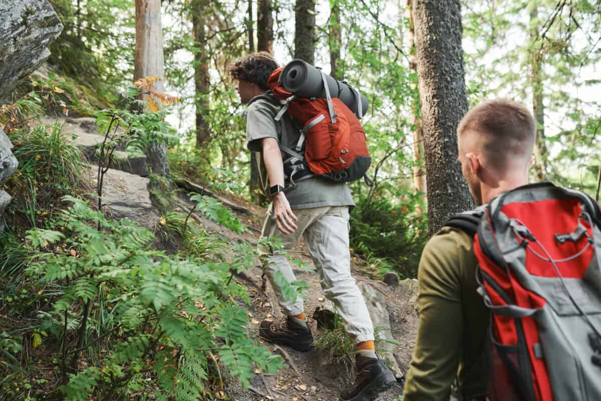 Rear view of young men with backpacks climbing steep cliff while hiking in mountains.