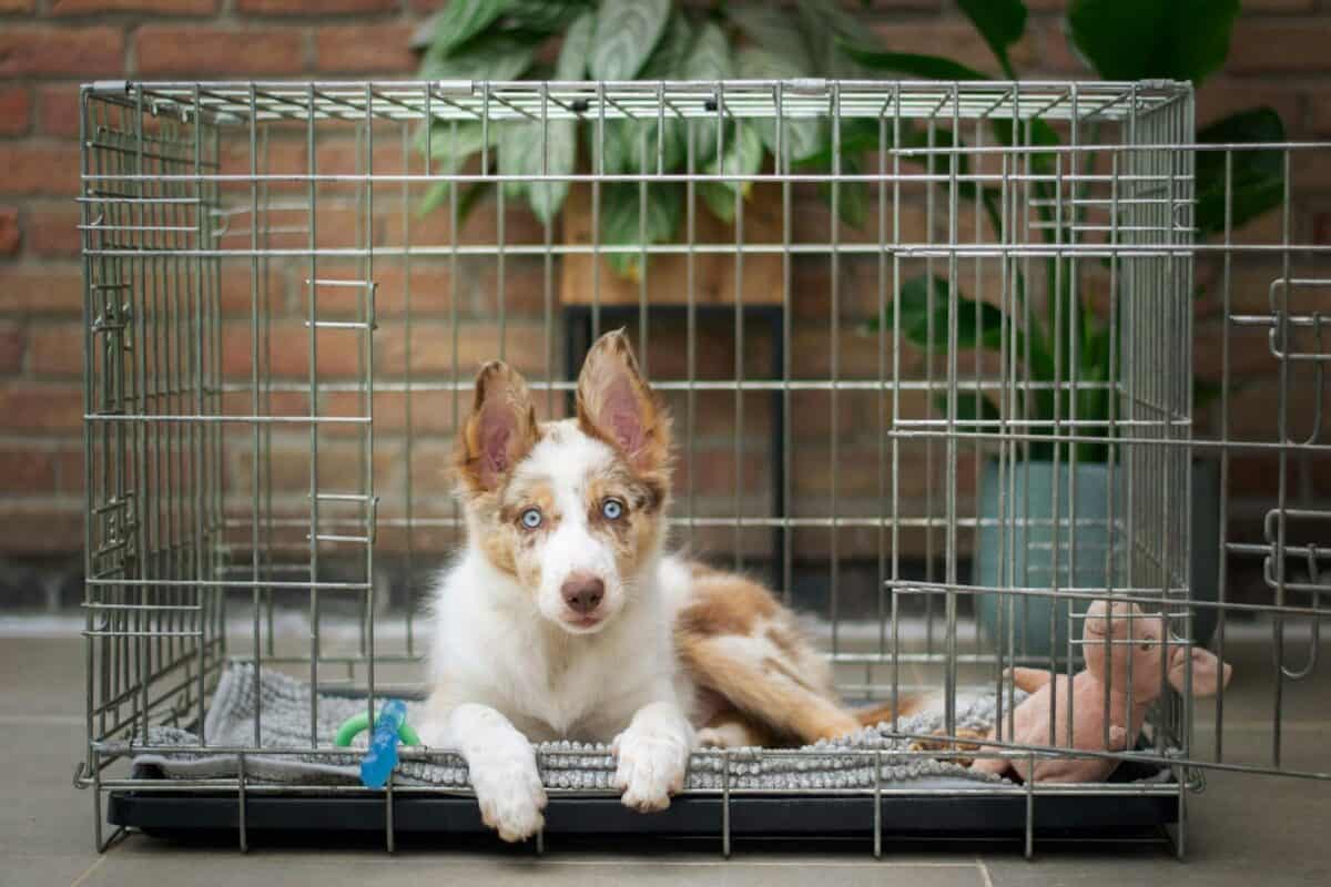 Dog sitting in a cage