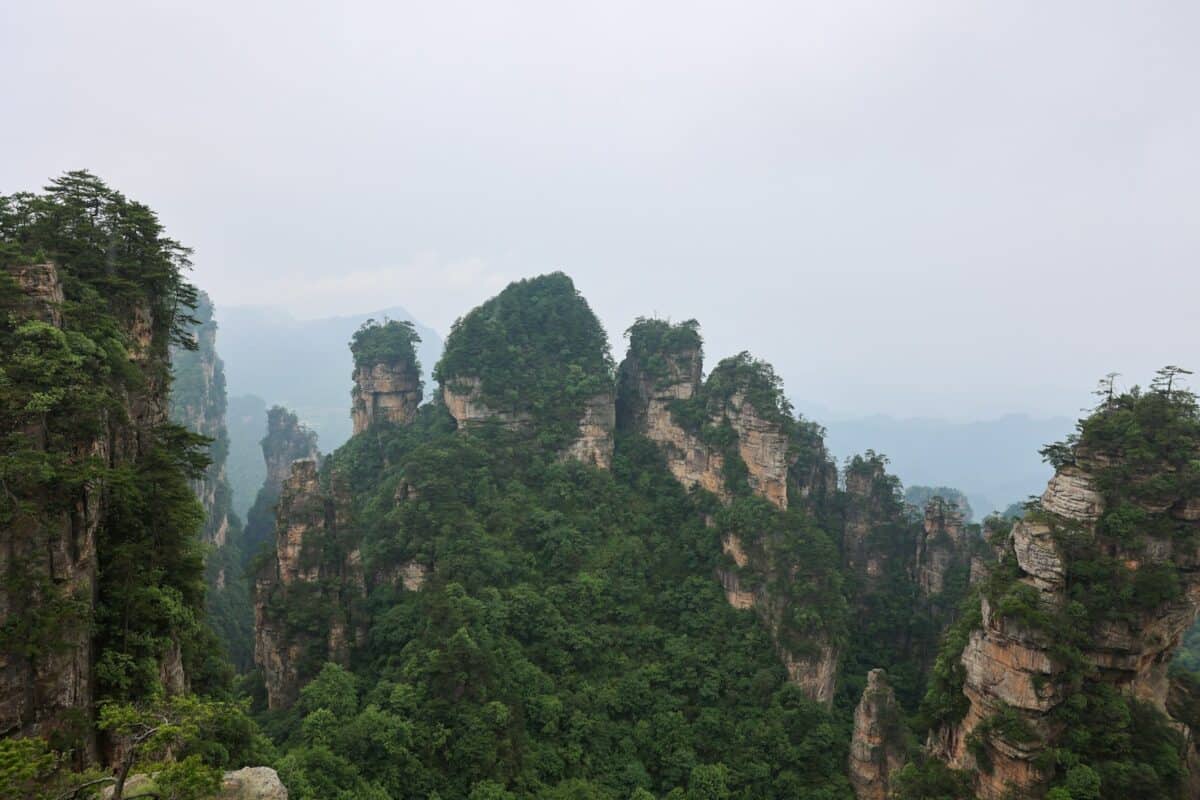 A view of a mountain range with trees and rocks