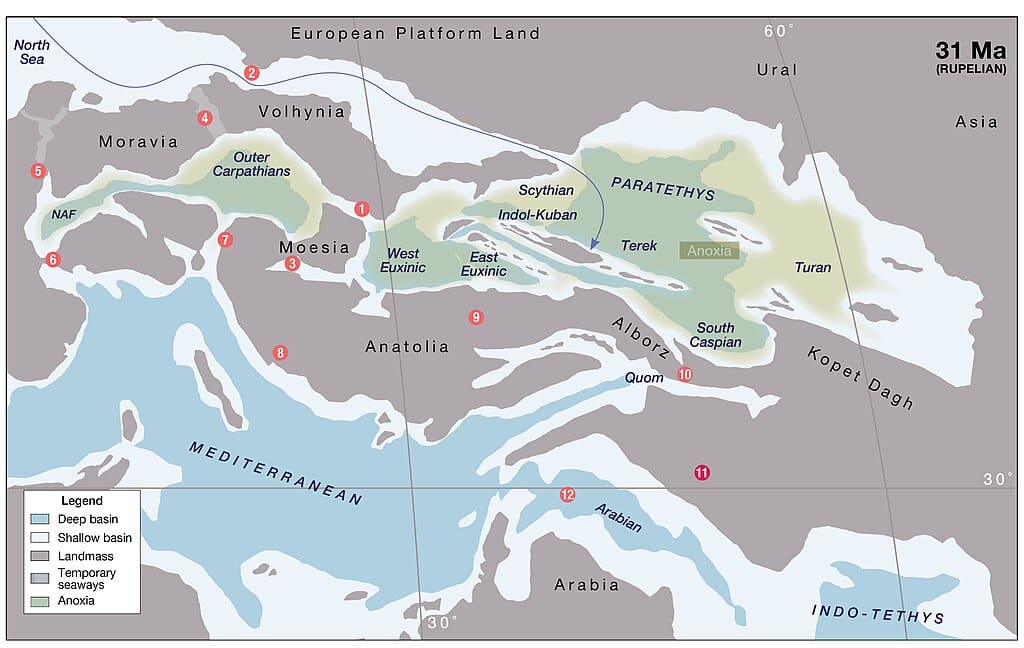 Rupelian palaeogeography of the Tethys (Paratethys) Realm.