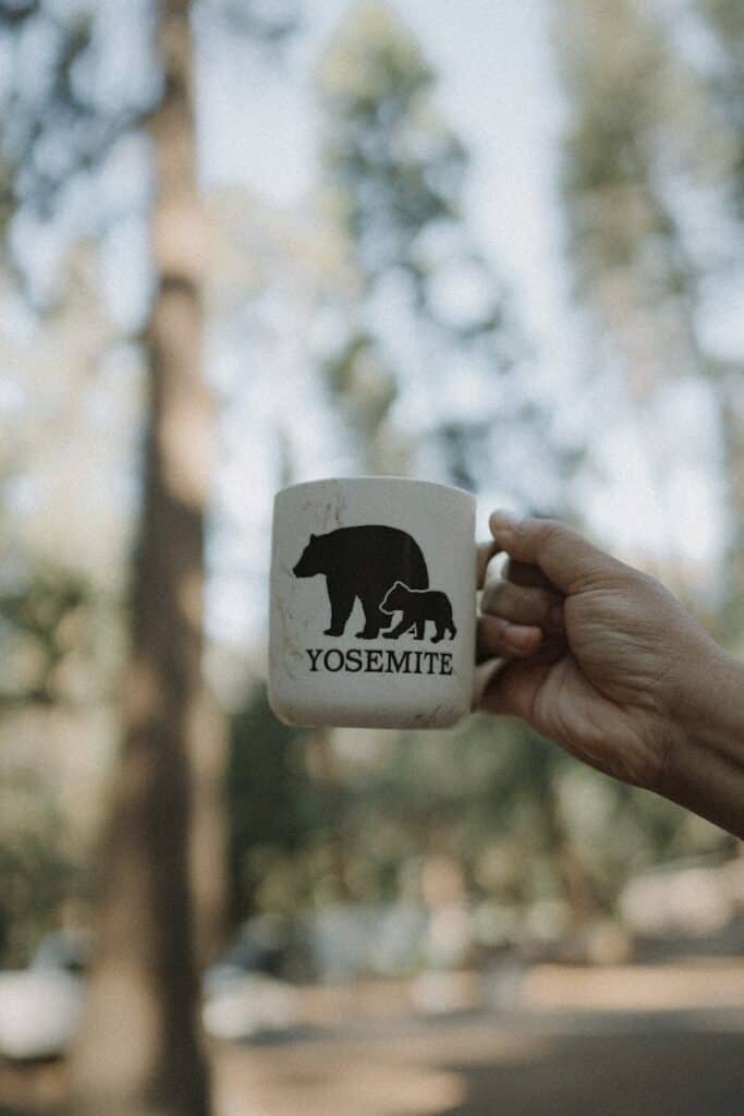 A hand holding a Yosemite mug with a nature background, featuring tree silhouettes.