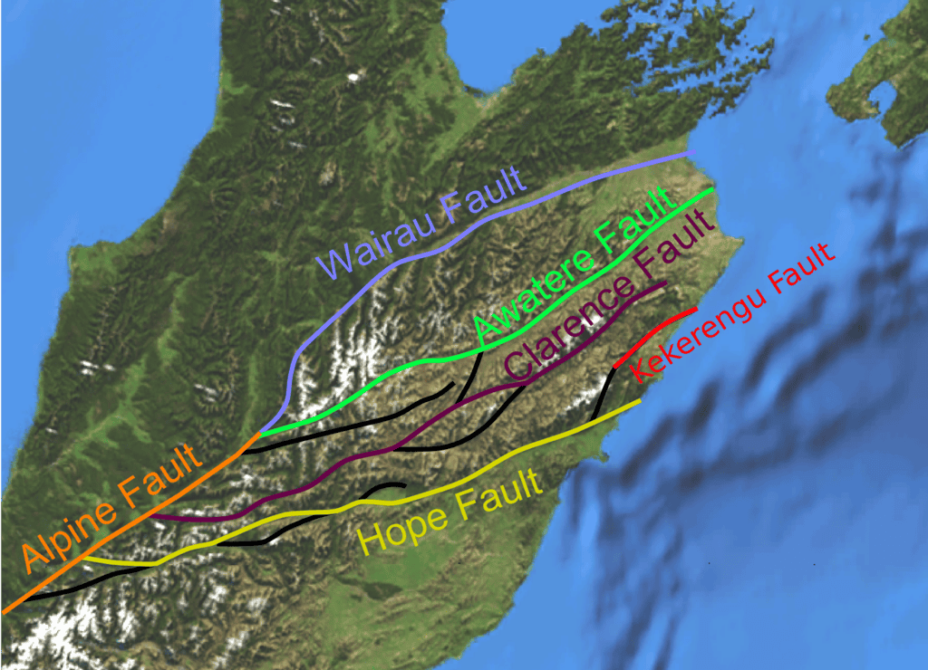 Map of the Marlborough Fault System, the set of dextral strike-slip faults that accommodates the switch from the Alpine Fault to the Kermadec Trench along the plate boundary through New Zealand. Base is a screenshot from NASAWorldWind, from the free Blue Marble image courtesy of NASA Earth Observatory. Faults taken from New Zealand Active Faults Database