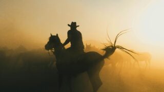 A cowboy enjoying a sunrise ride.
