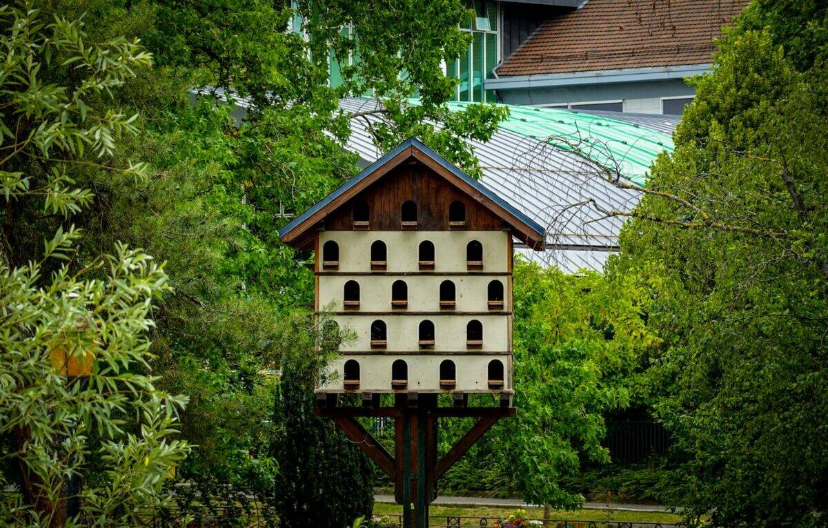 A large wooden birdhouse set in a lush green garden, surrounded by vibrant foliage.