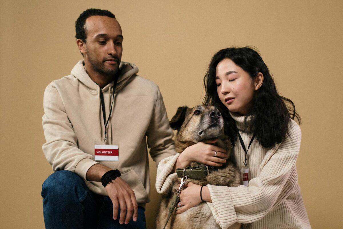 A caring couple of volunteers with a rescue dog in a studio setting.
