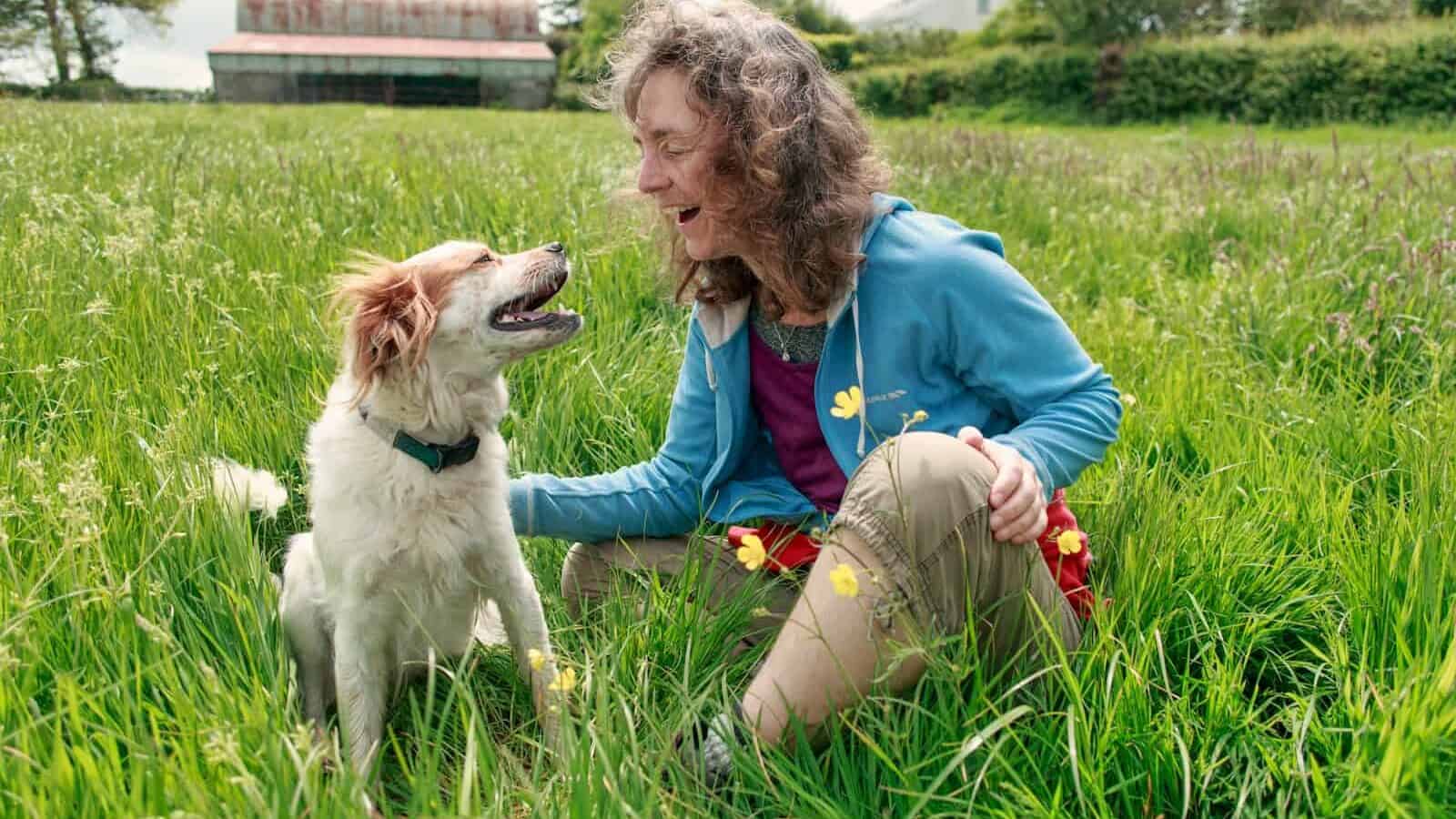 woman sitting beside sitting dog on grass during day