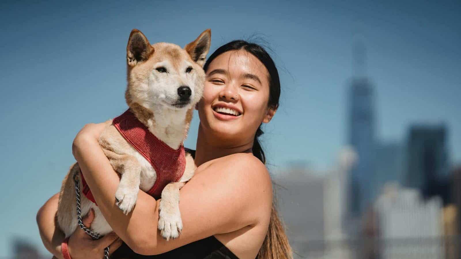 Happy ethnic female demonstrating cute funny dog and smiling on blurred background of city