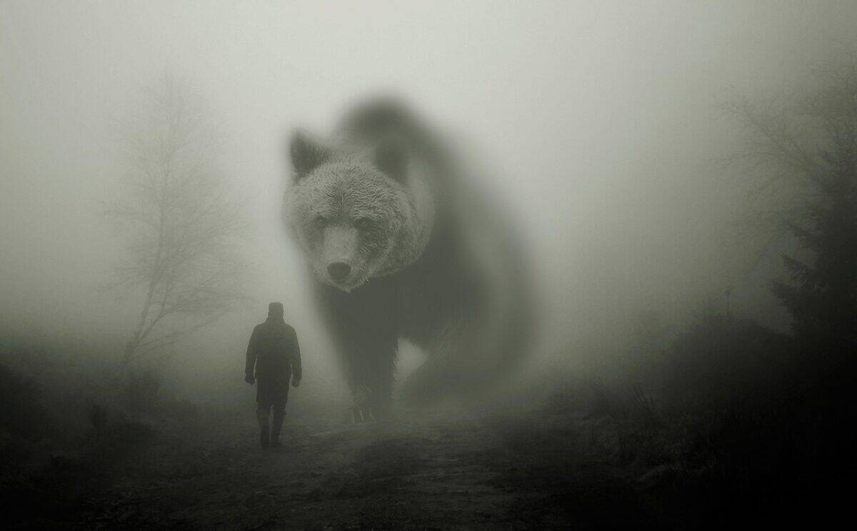 animal, nature, bear, fiction, human, fog, forest, meet