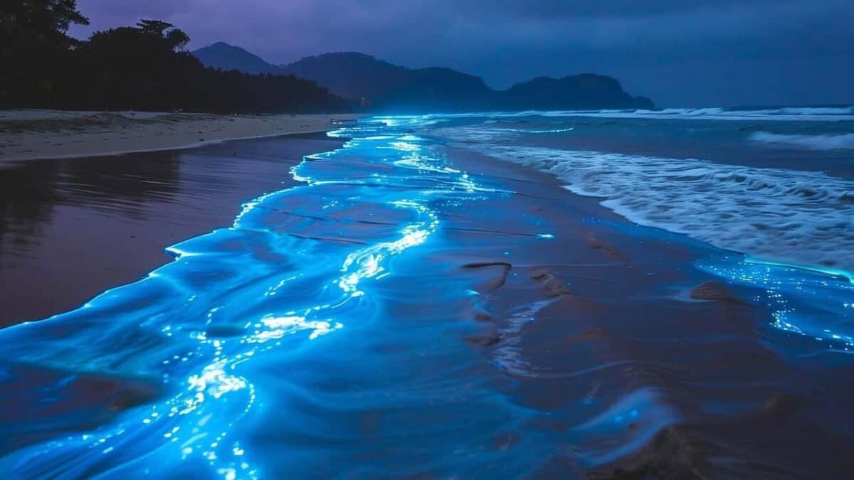 bioluminescence, ocean, beach, waves, glow, blue, night, dark, shore, sand, water, natural phenomenon, plankton, algae, nature, microorganisms, dinoflagellates, magic, ai generated, bioluminescence, bioluminescence, bioluminescence, bioluminescence, bioluminescence