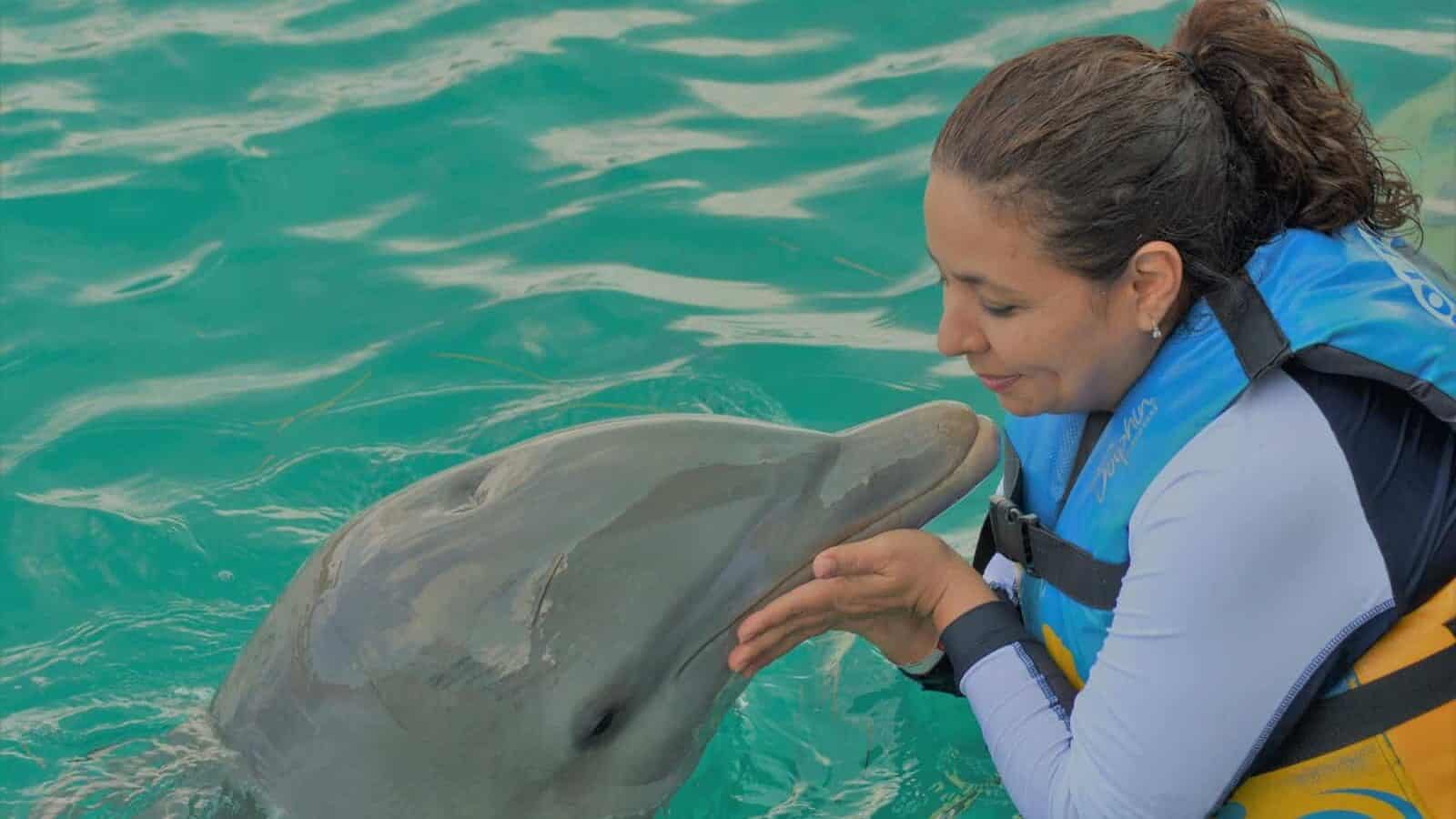 Woman playing with dolphin in body of water