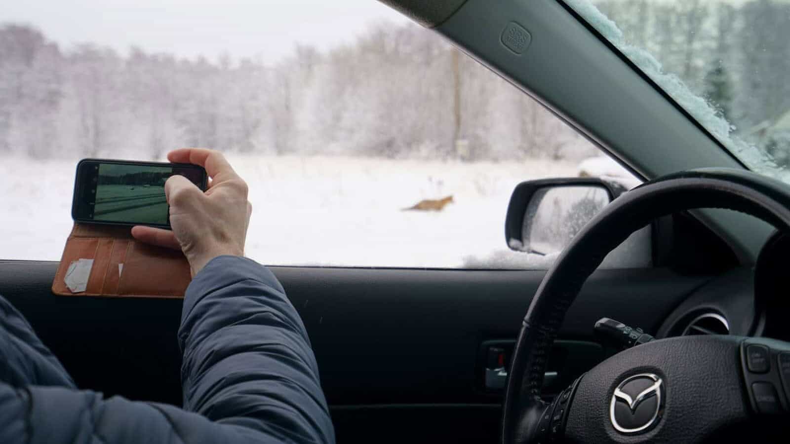 a person sitting in a car using a cell phone