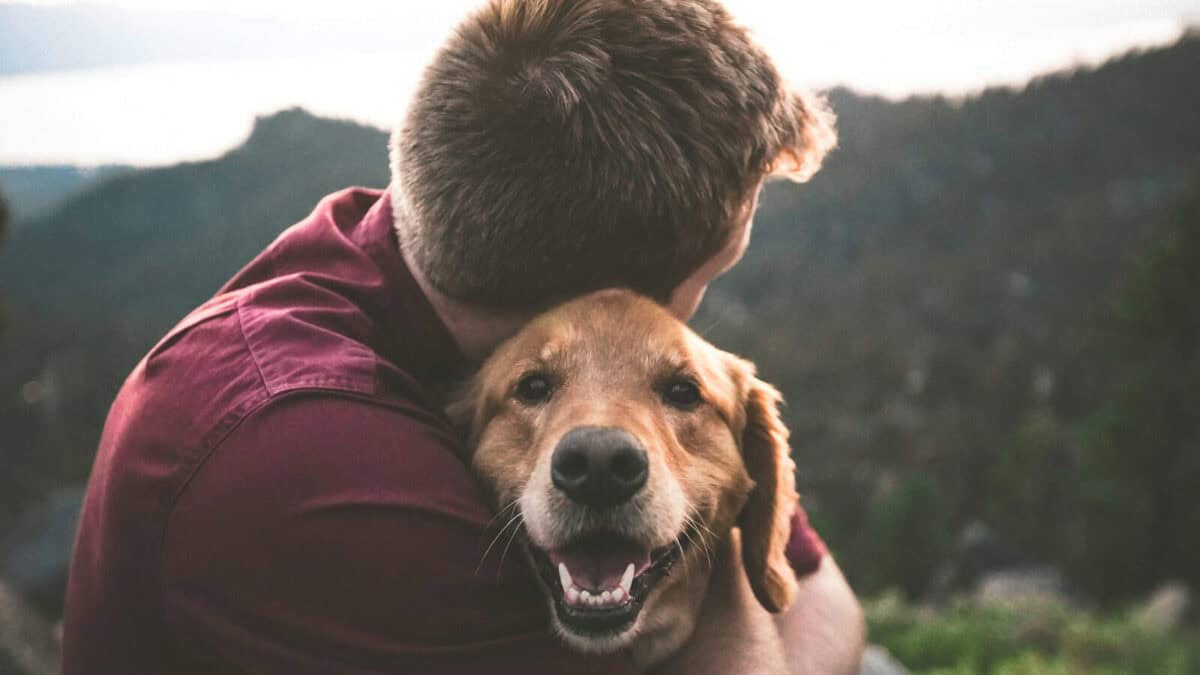 photo of man hugging tan dog