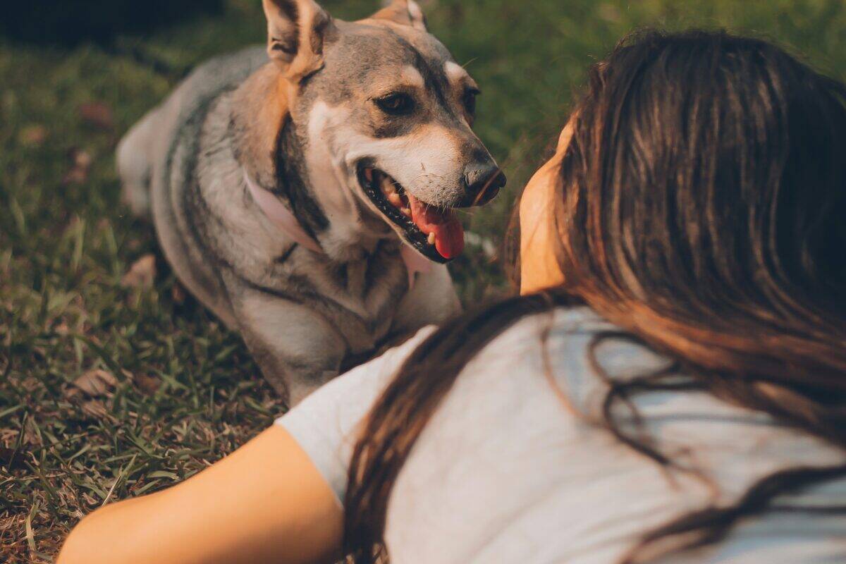 A woman and her pet dog lying on the grass.