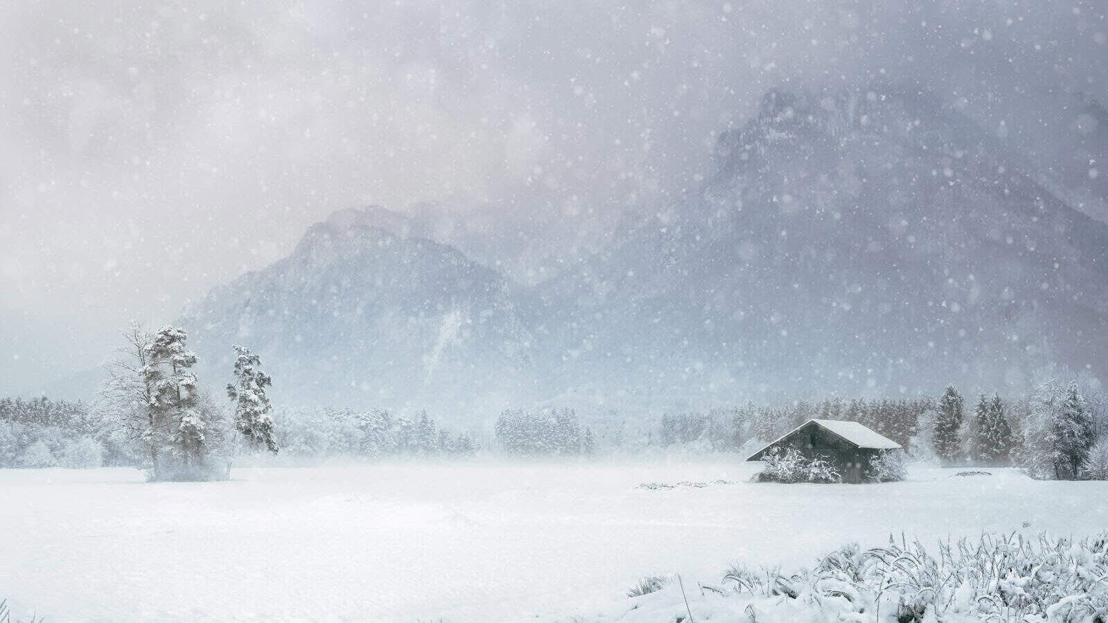 house covered with snow near mountain