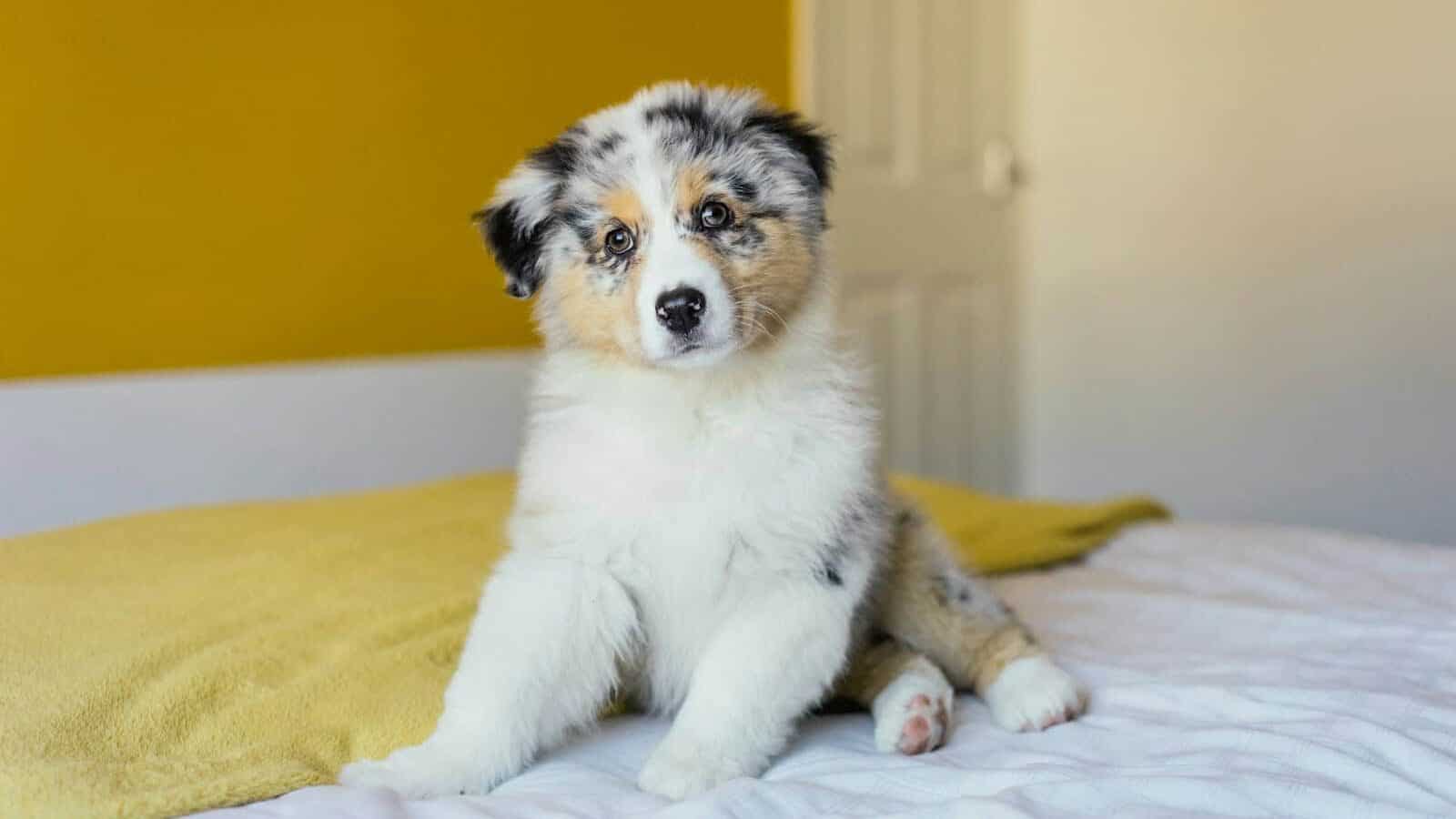 white black and brown short coated dog lying on yellow textile