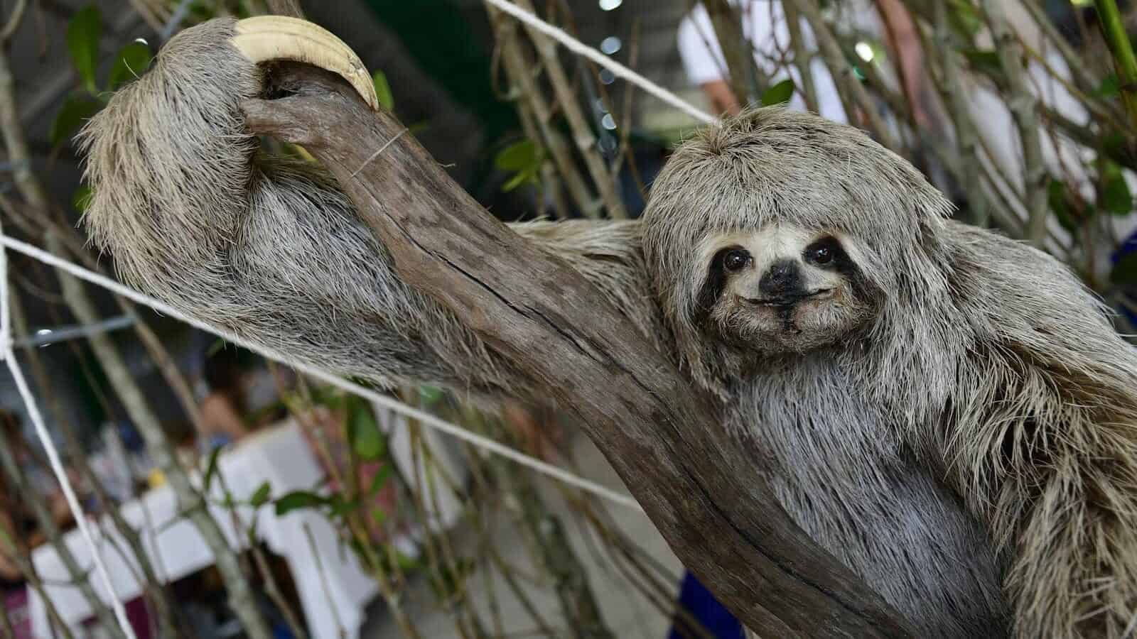 Charming close-up of a three-toed sloth hanging on a branch in a tropical setting.
