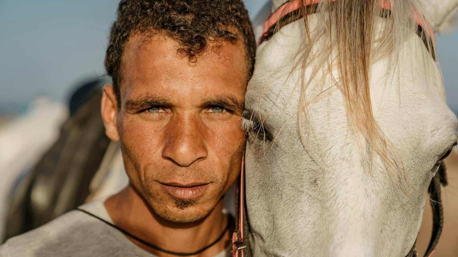 A close-up portrait of a man with a white horse in Dahab, Egypt, showcasing their connection.