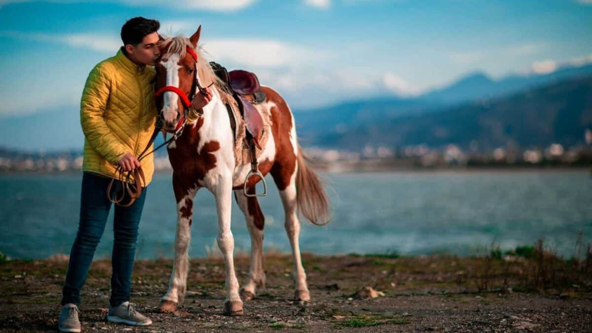 woman in brown jacket and blue denim jeans standing beside brown and white horse during daytime