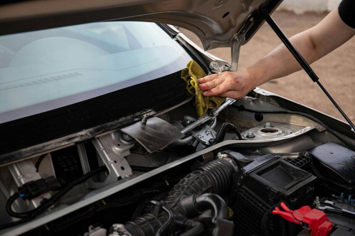 A car with an open hood getting cleaned.