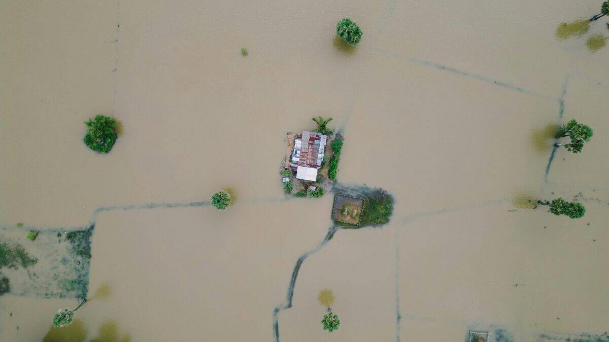 A town submerged in a severe flood.