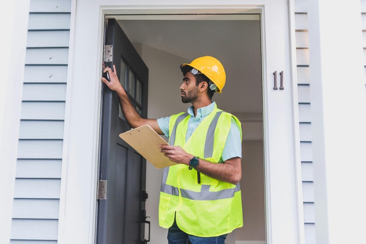 A man wearing a hard hat inspecting a house.