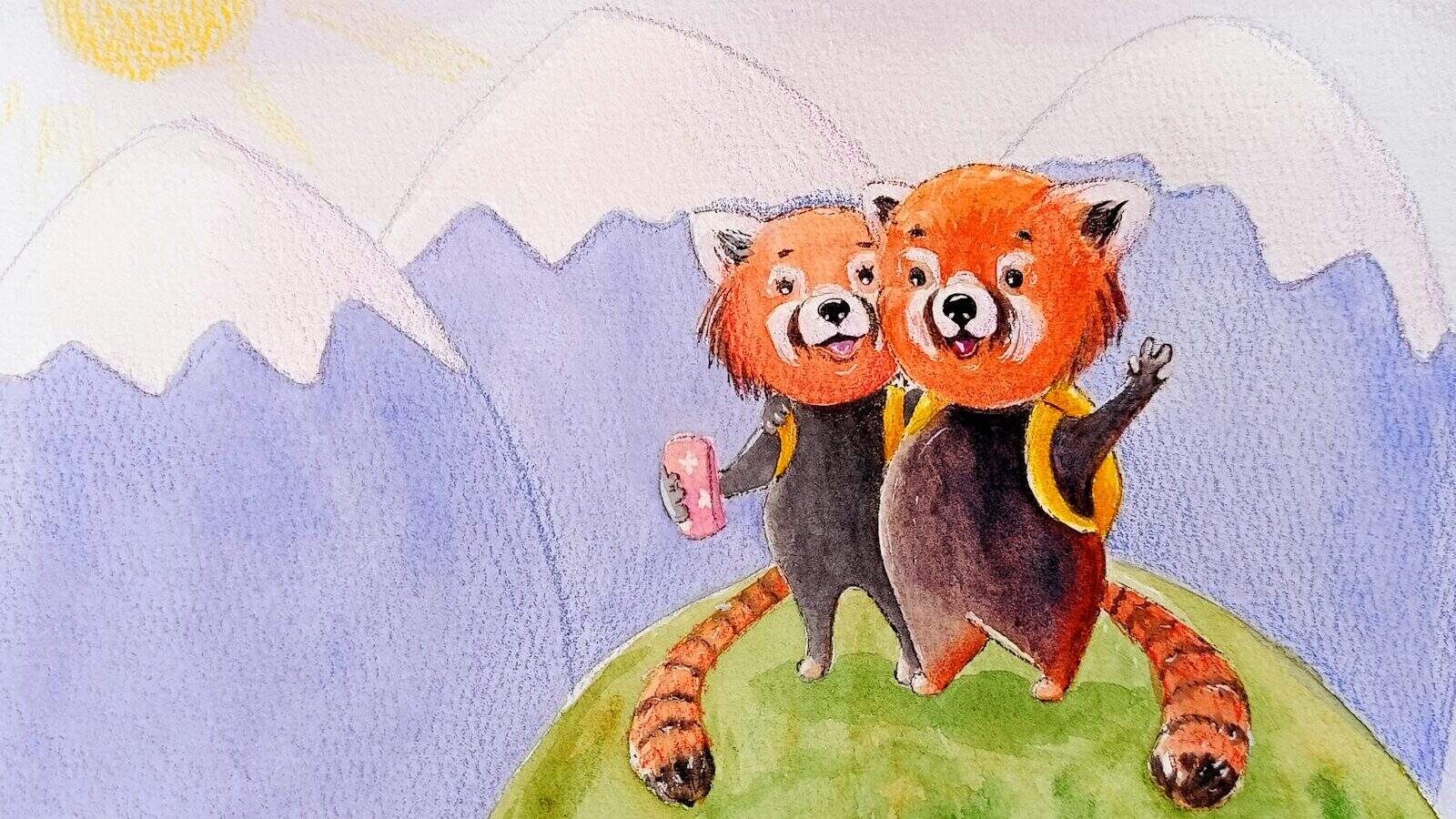 Two red pandas enjoy the scenic mountains.