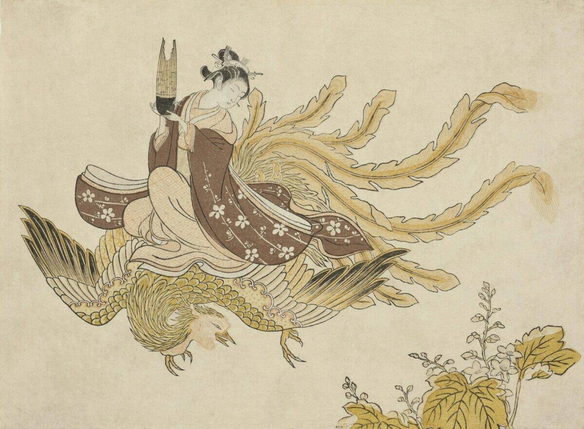 a painting of a woman riding a bird