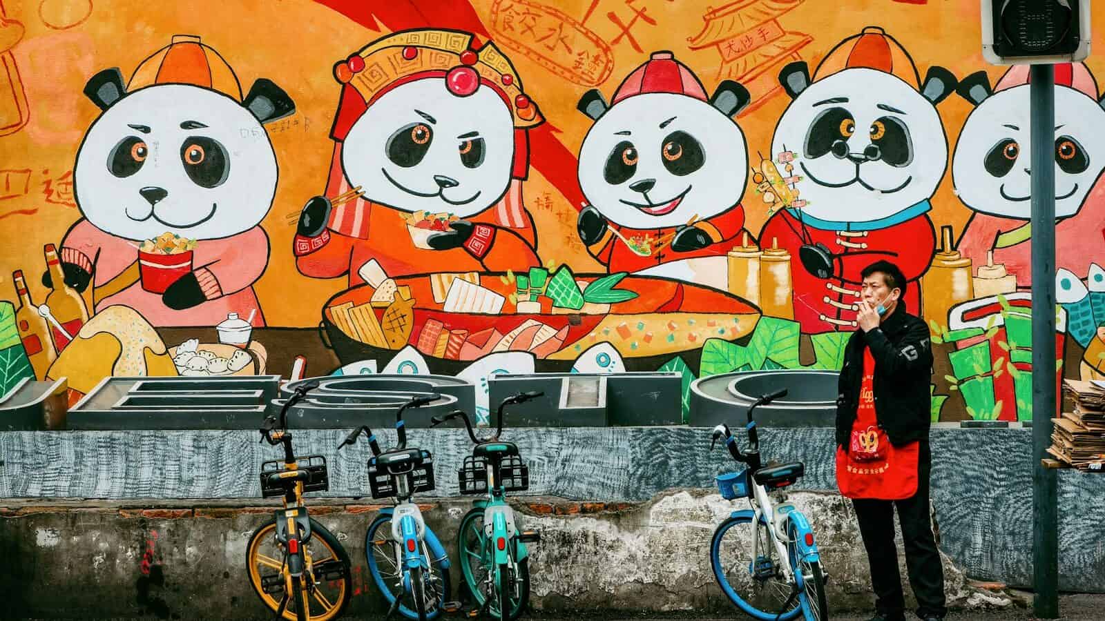 a woman standing in front of a mural of pandas