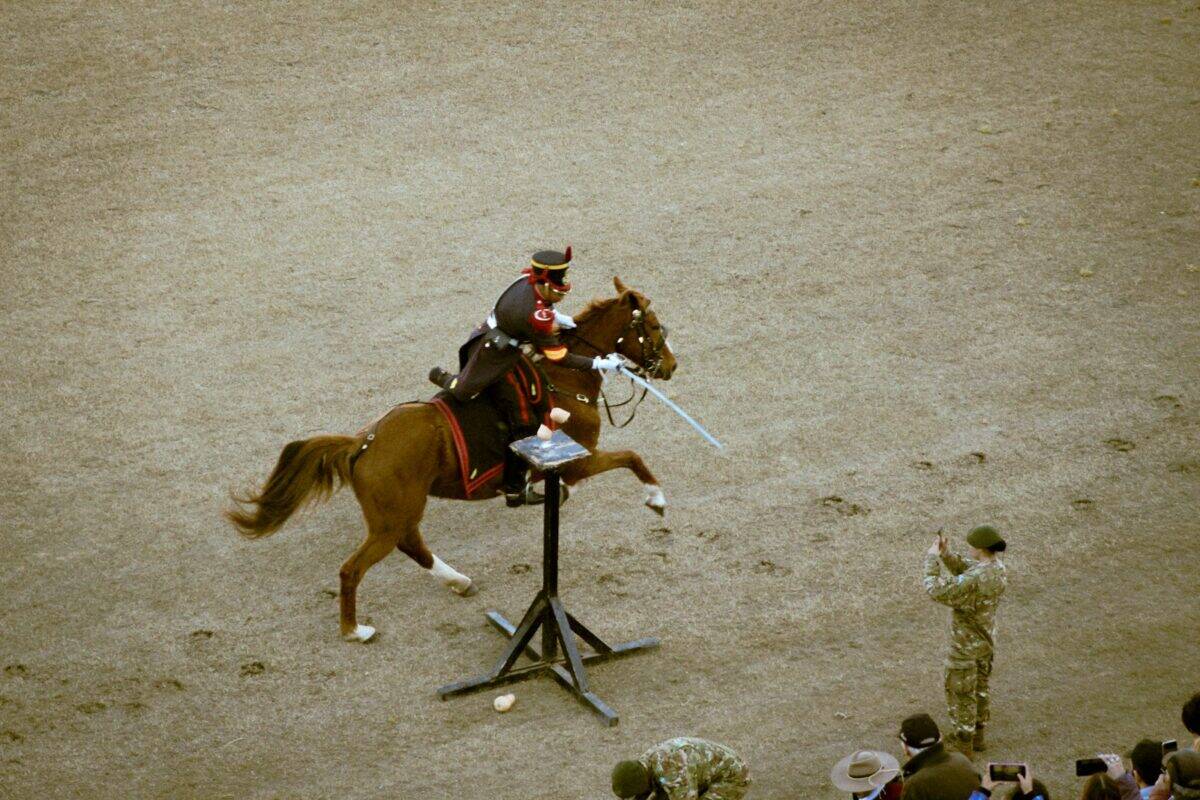 A rider on horseback practices sword skills.
