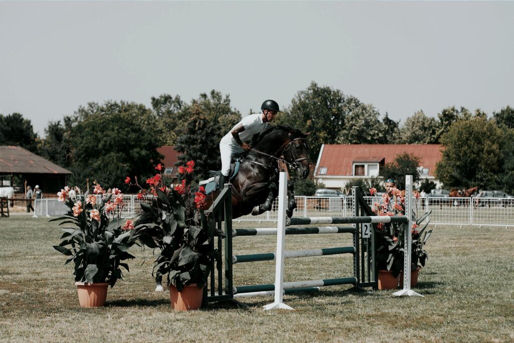 A male equestrian professionally jumps a fence during an outdoor competition in Hungary.
