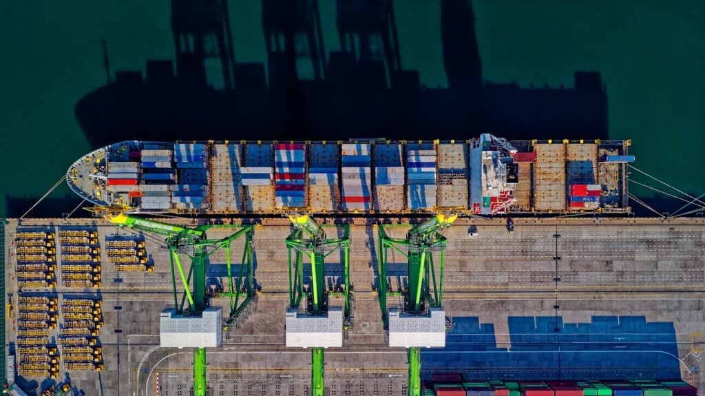 aerial view of a cargo ship with shipping containers